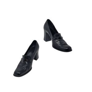 Unisa Black Leather High Heel Loafers Sz 38 Square Toe Brazil Womens Shoes